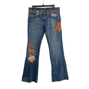 Switch USA Women Blue Denim Bootcut Jeans Embellished Patchwork Flare Leg Sz 31